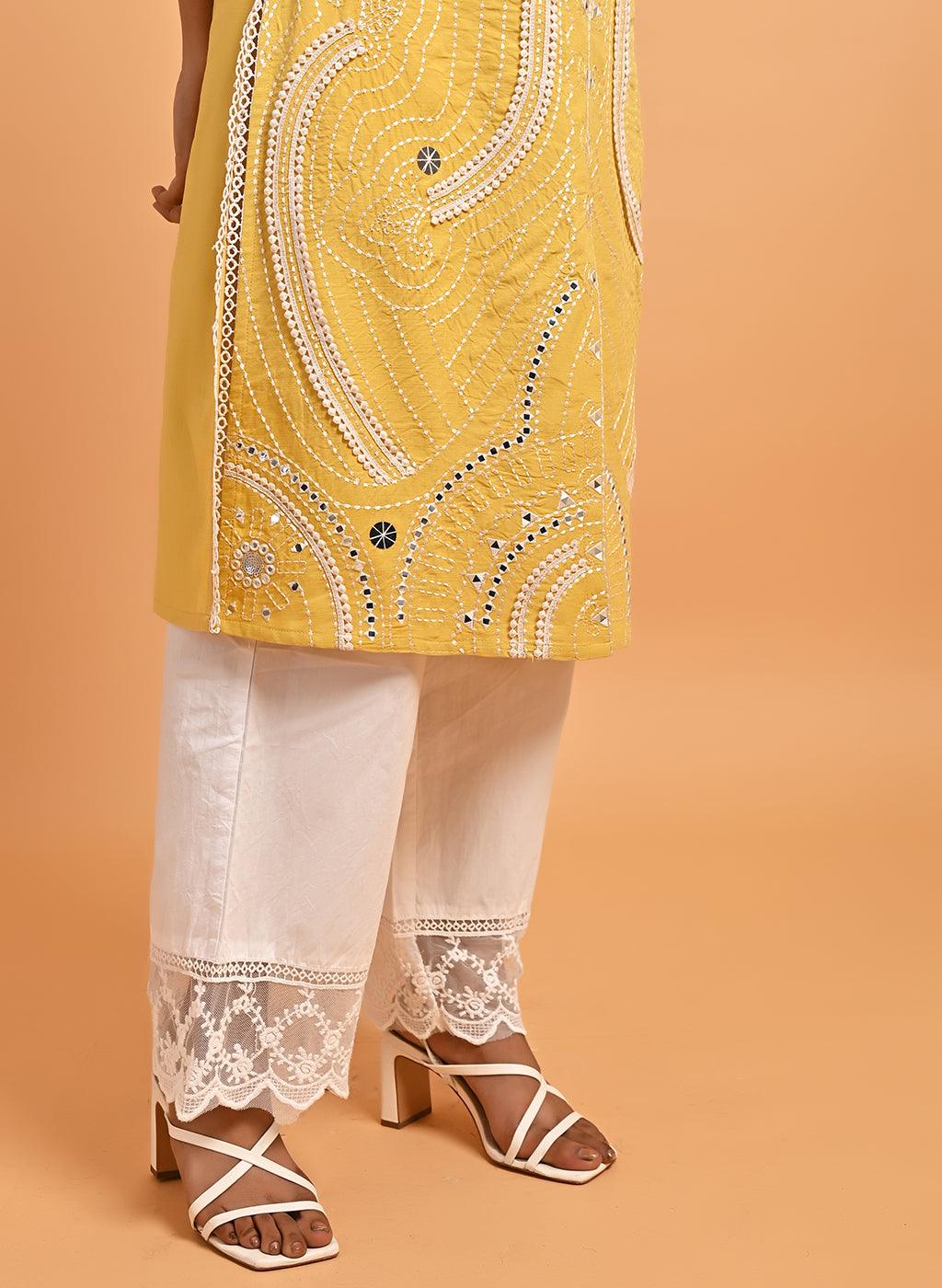 Yellow Straight Embroidered Kurta with 3/4th Sleeves - Lakshita