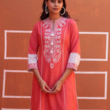 Peach Embroidered Kurta with Asymmetric Hem and Schiffili Detailing on the Sleeves - Lakshita