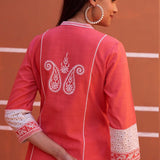 Peach Embroidered Kurta with Asymmetric Hem and Schiffili Detailing on the Sleeves - Lakshita