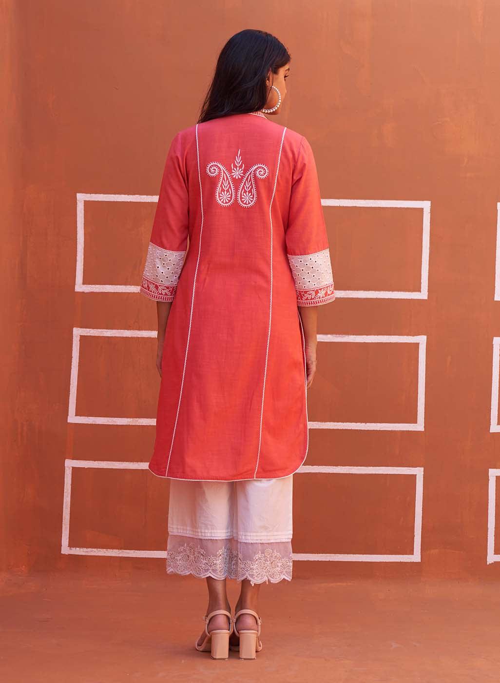 Peach Embroidered Kurta with Asymmetric Hem and Schiffili Detailing on the Sleeves - Lakshita