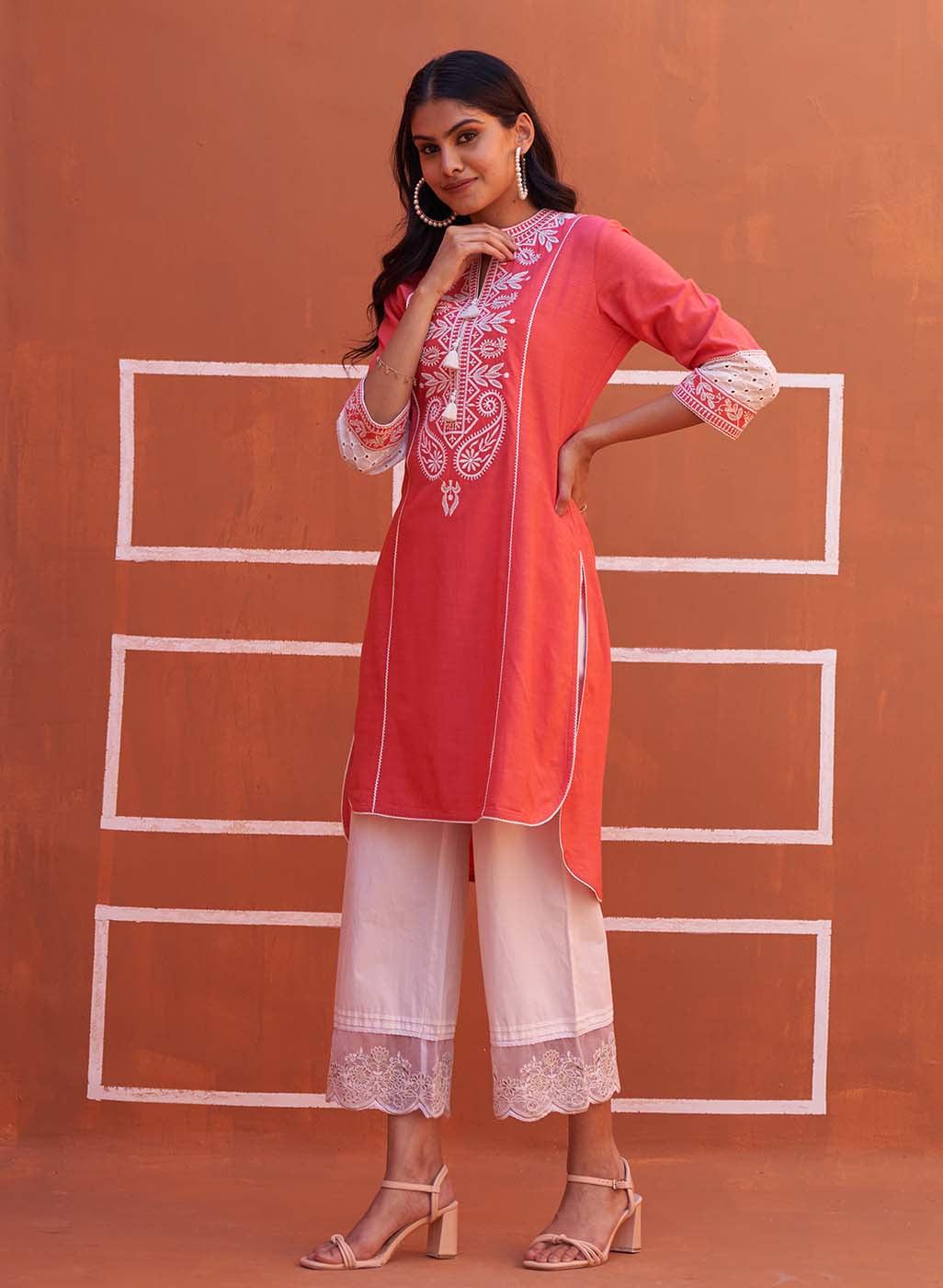 Peach Embroidered Kurta with Asymmetric Hem and Schiffili Detailing on the Sleeves - Lakshita