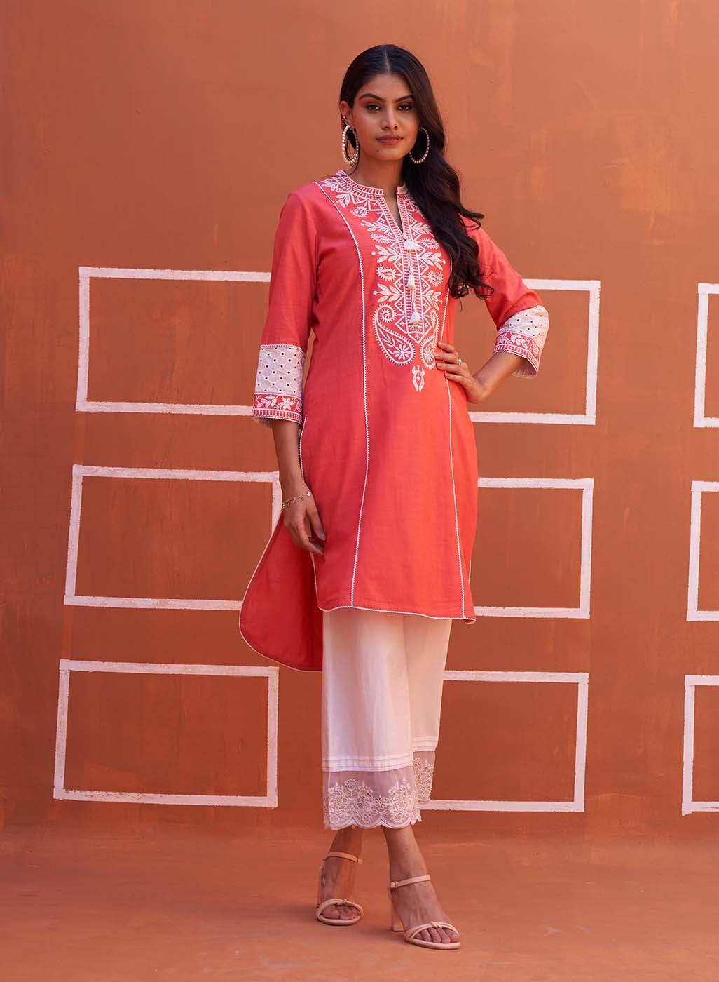 Peach Embroidered Kurta with Asymmetric Hem and Schiffili Detailing on the Sleeves - Lakshita