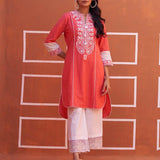 Peach Embroidered Kurta with Asymmetric Hem and Schiffili Detailing on the Sleeves - Lakshita