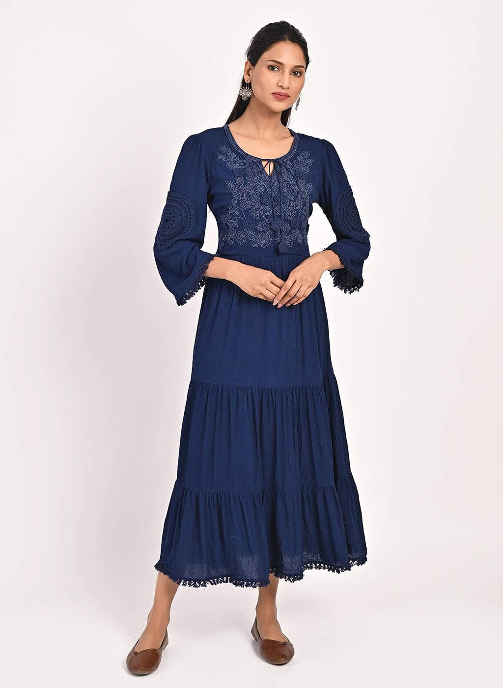 Navy Blue Long Dress for Women with Dori Detail and Embroidery - Lakshita