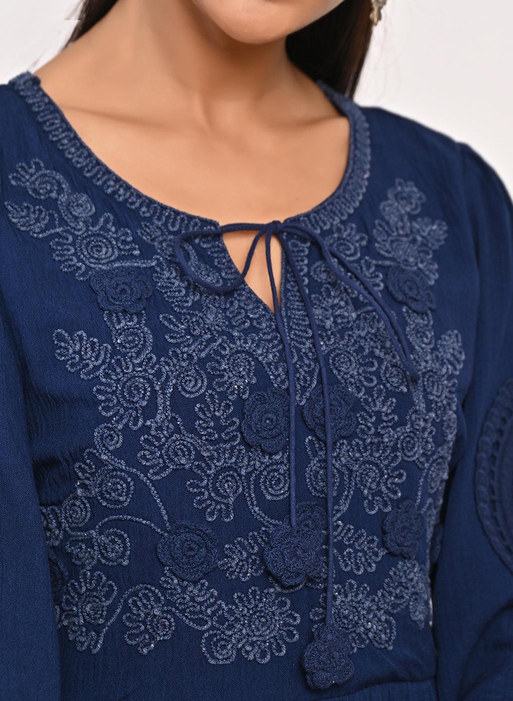 Navy Blue Long Dress for Women with Dori Detail and Embroidery - Lakshita