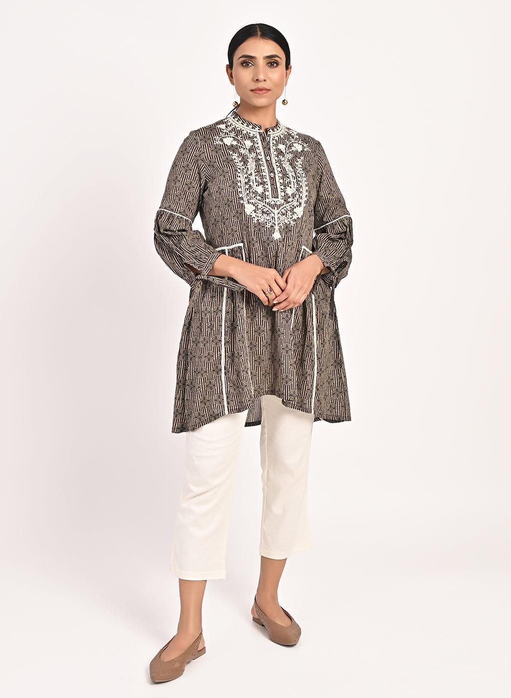 Floral Stripe Brown Tunic with Dori Embroidery - Lakshita