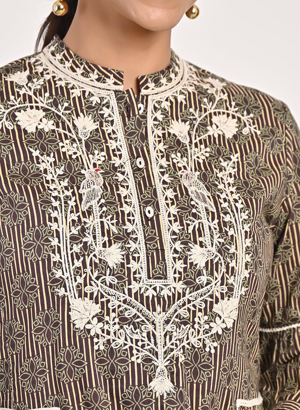 Floral Stripe Brown Tunic with Dori Embroidery - Lakshita