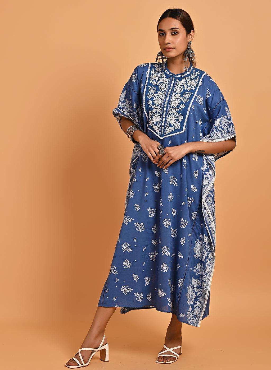 Blue Cotton Printed Kaftan Kurta with Embroidery - Lakshita