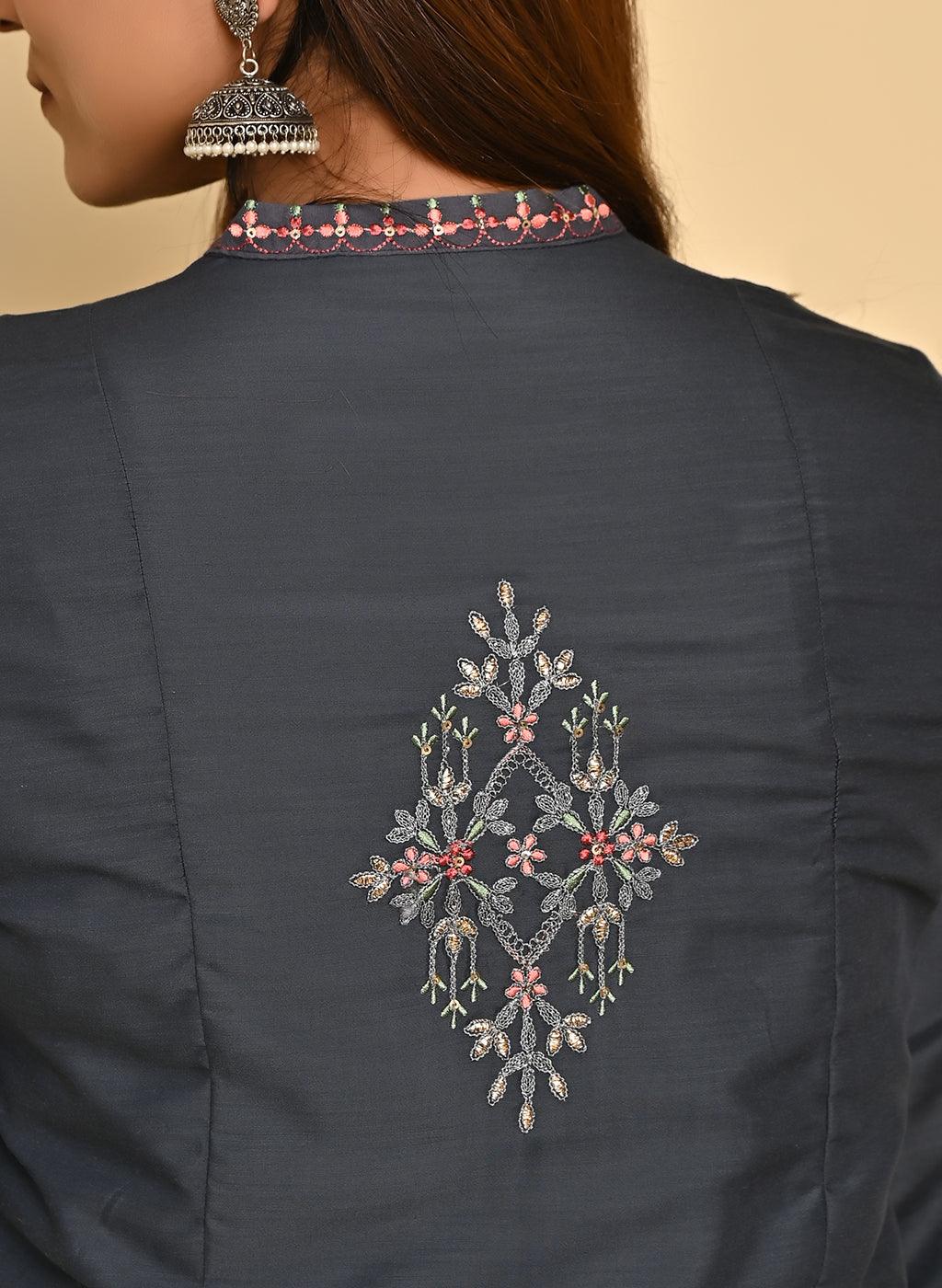 Grey Embroidered Thigh-length Kurti with 3/4th Sleeves - Lakshita