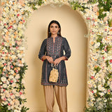 Grey Embroidered Thigh-length Kurti with 3/4th Sleeves - Lakshita