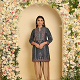 Grey Embroidered Thigh-length Kurti with 3/4th Sleeves - Lakshita