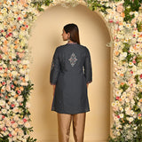 Grey Embroidered Thigh-length Kurti with 3/4th Sleeves - Lakshita