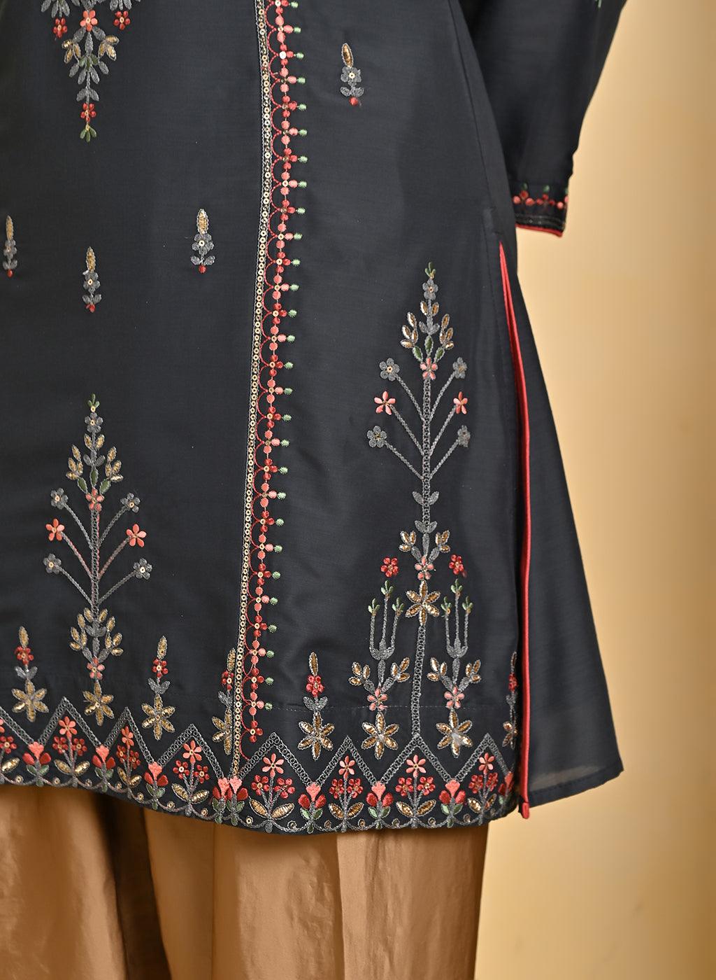 Grey Embroidered Thigh-length Kurti with 3/4th Sleeves - Lakshita