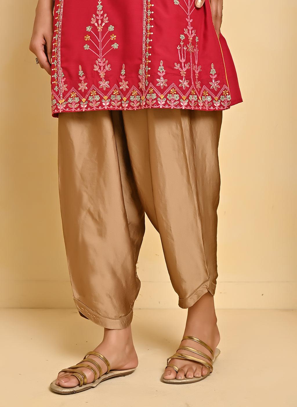 Red Embroidered Thigh-length Kurti with 3/4th Sleeves - Lakshita