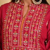 Red Embroidered Thigh-length Kurti with 3/4th Sleeves - Lakshita