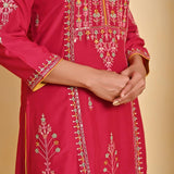 Red Embroidered Thigh-length Kurti with 3/4th Sleeves - Lakshita