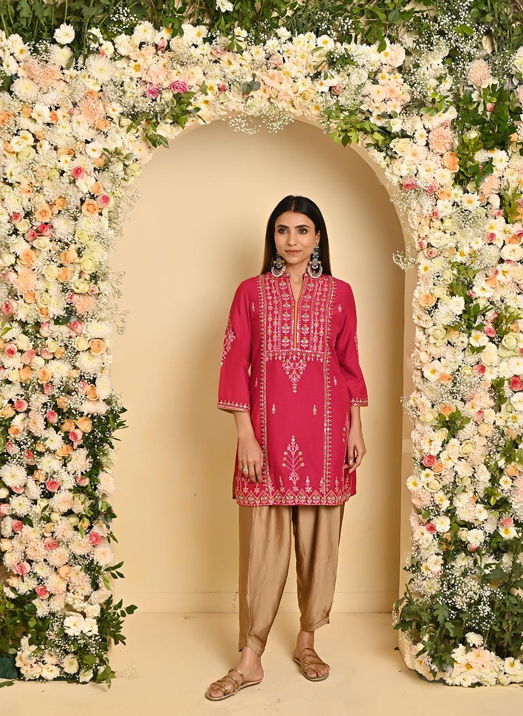 Red Embroidered Thigh-length Kurti with 3/4th Sleeves - Lakshita