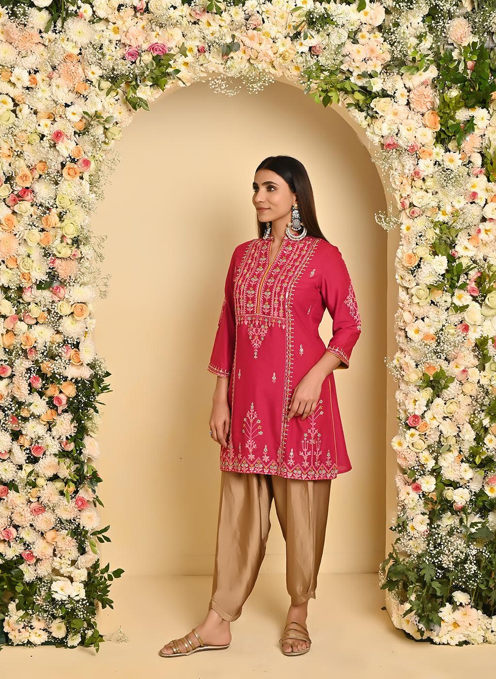 Red Embroidered Thigh-length Kurti with 3/4th Sleeves - Lakshita