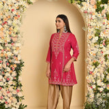 Red Embroidered Thigh-length Kurti with 3/4th Sleeves - Lakshita