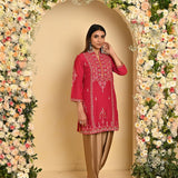 Red Embroidered Thigh-length Kurti with 3/4th Sleeves - Lakshita