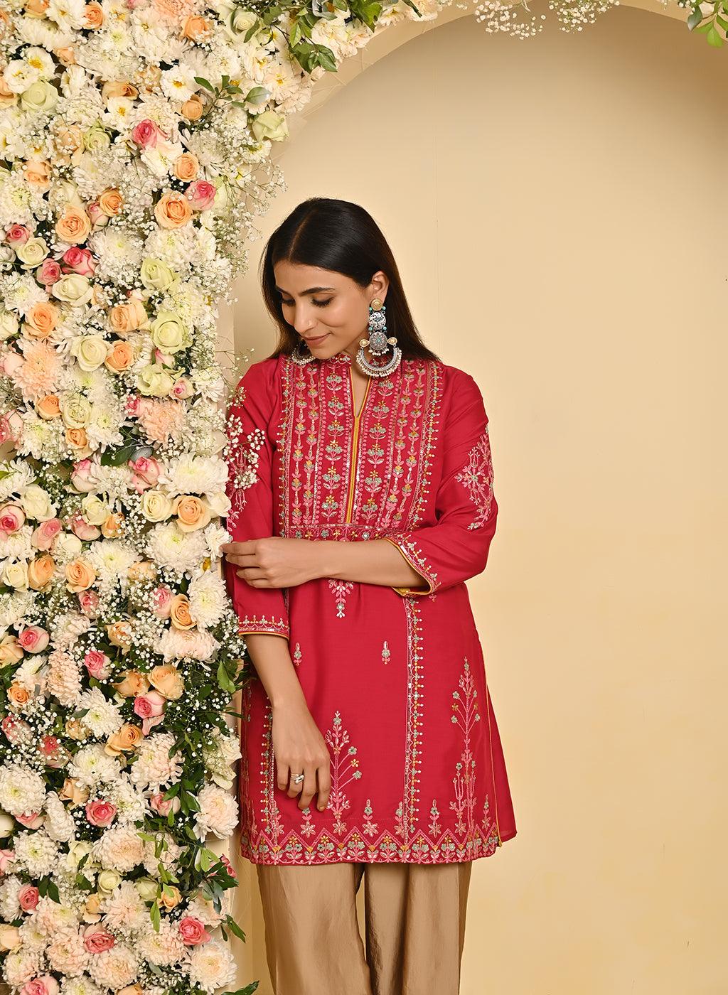 Red Embroidered Thigh-length Kurti with 3/4th Sleeves - Lakshita