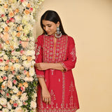 Red Embroidered Thigh-length Kurti with 3/4th Sleeves - Lakshita