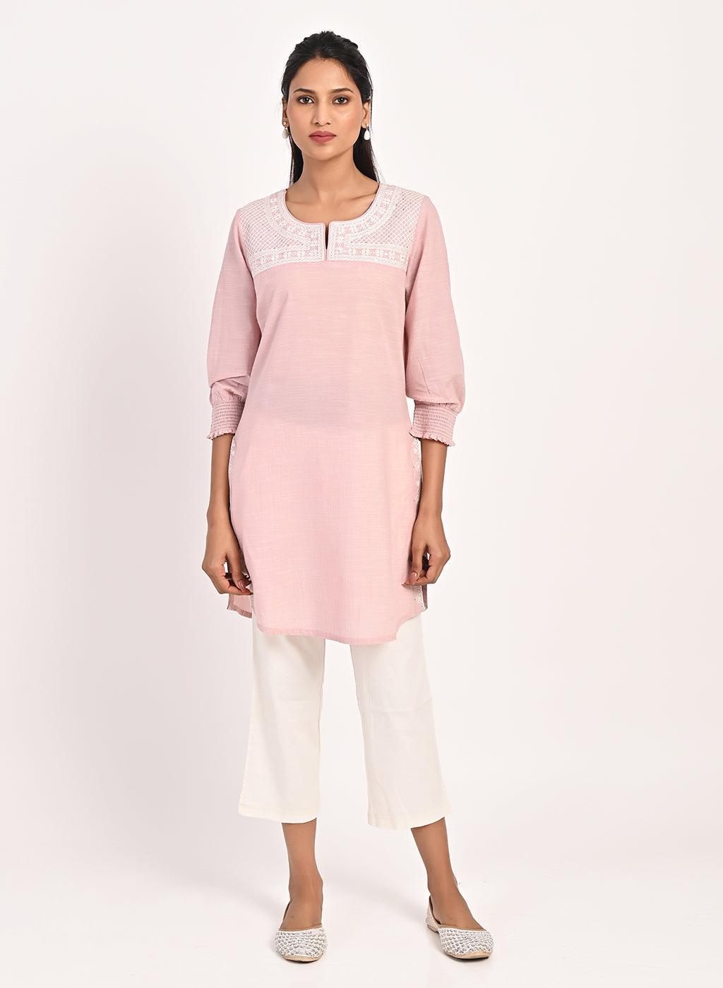 Pink Round Neck Embroidered Tunic - Lakshita