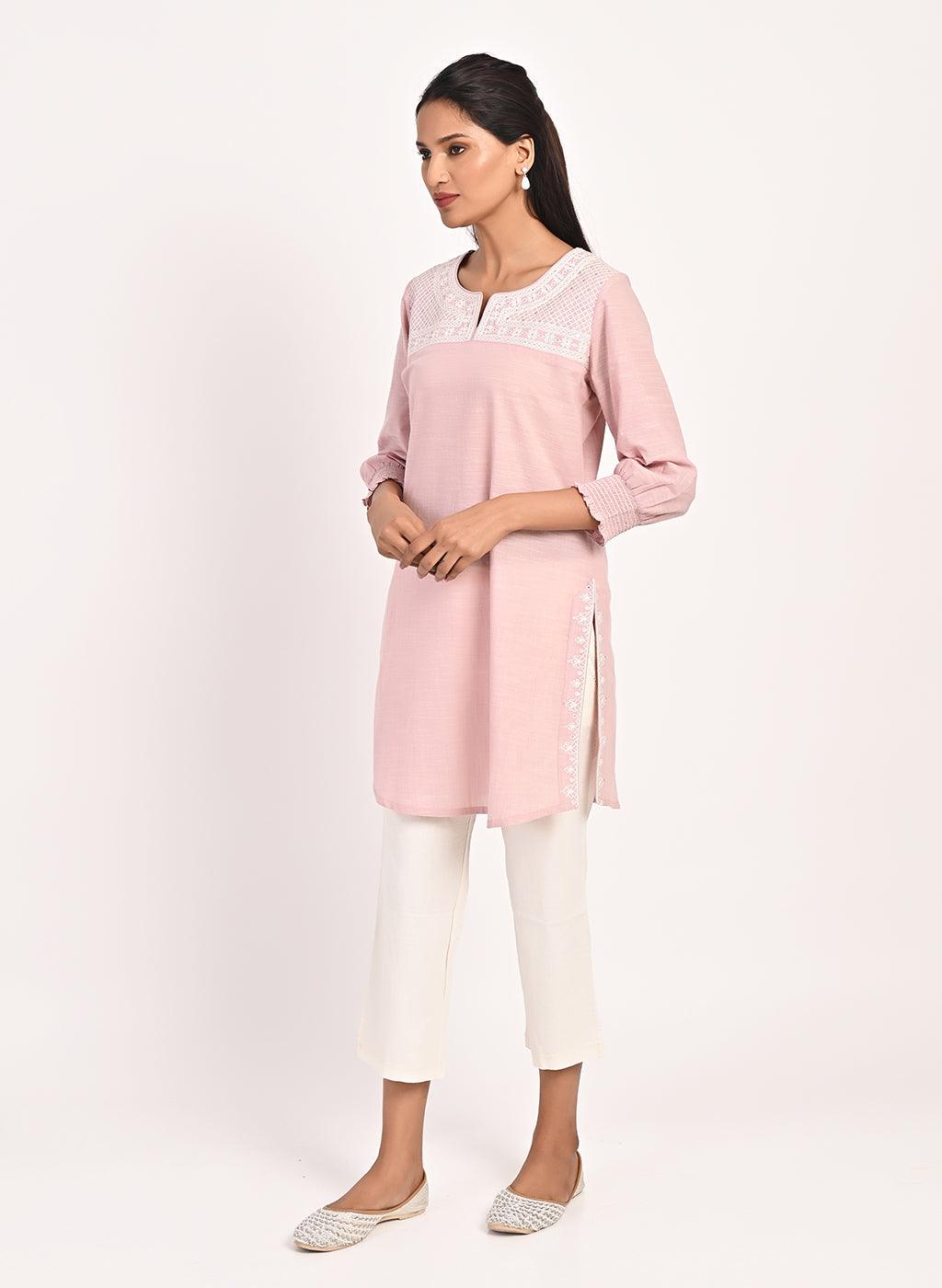 Pink Round Neck Embroidered Tunic - Lakshita