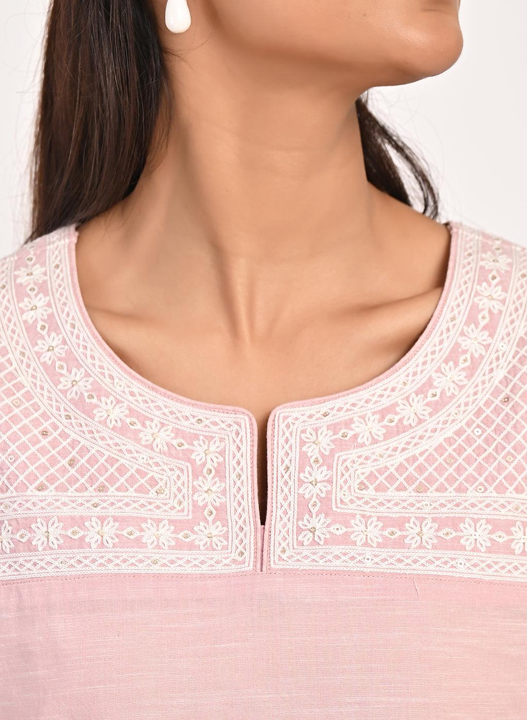 Pink Round Neck Embroidered Tunic - Lakshita