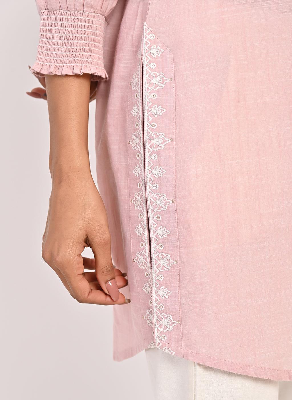 Pink Round Neck Embroidered Tunic - Lakshita