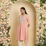 Peach Knee-length Kurta with Asymmetric Hem and 3/4th Sleeves - Lakshita