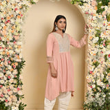 Peach Knee-length Kurta with Asymmetric Hem and 3/4th Sleeves - Lakshita