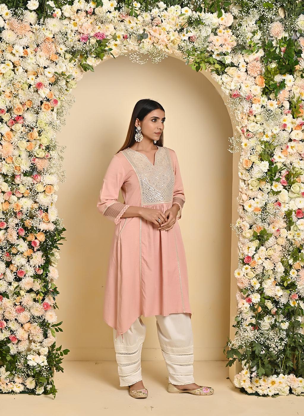 Peach Knee-length Kurta with Asymmetric Hem and 3/4th Sleeves - Lakshita