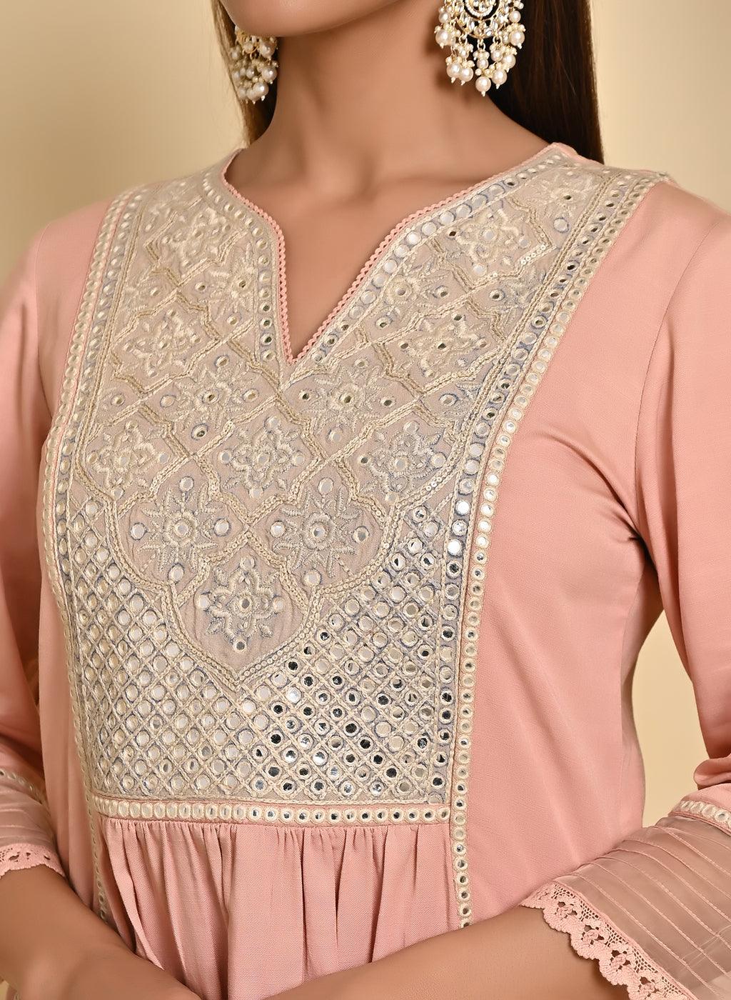 Peach Knee-length Kurta with Asymmetric Hem and 3/4th Sleeves - Lakshita