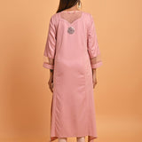 Pink Embroidered Cotton Kurta with 3/4th Sleeves and Asymmetrical Hem - Lakshita