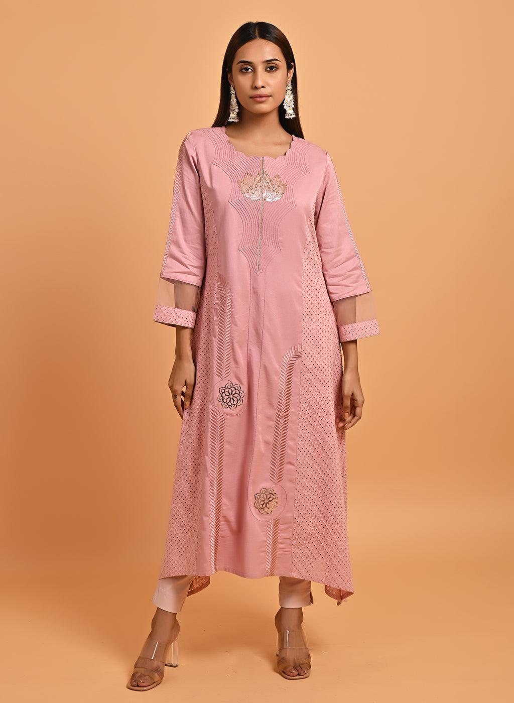 Pink Embroidered Cotton Kurta with 3/4th Sleeves and Asymmetrical Hem - Lakshita