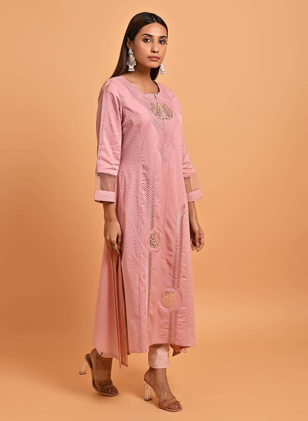 Pink Embroidered Cotton Kurta with 3/4th Sleeves and Asymmetrical Hem - Lakshita