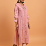 Pink Embroidered Cotton Kurta with 3/4th Sleeves and Asymmetrical Hem - Lakshita