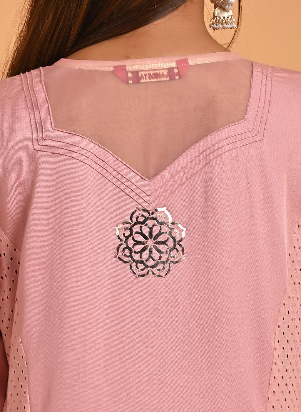 Pink Embroidered Cotton Kurta with 3/4th Sleeves and Asymmetrical Hem - Lakshita