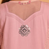 Pink Embroidered Cotton Kurta with 3/4th Sleeves and Asymmetrical Hem - Lakshita