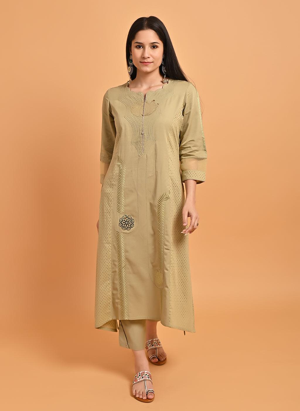 Apple Green Embroidered Cotton Kurta with 3/4th Sleeves and Asymmetrical Hem - Lakshita