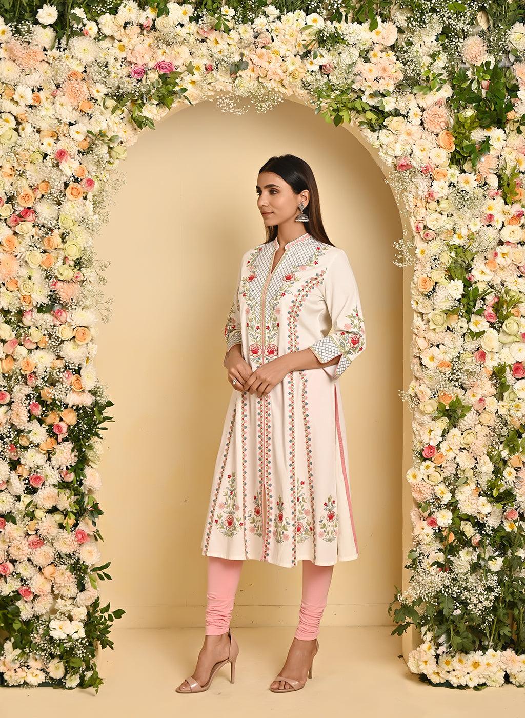 Ivory Long Kurta with All-over work and Mandarin Collar - Lakshita