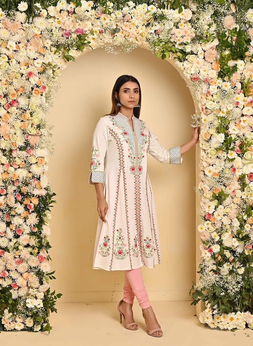 Ivory Long Kurta with All-over work and Mandarin Collar - Lakshita