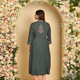 Bird Green Long Kurta with All-over work and Mandarin Collar - Lakshita