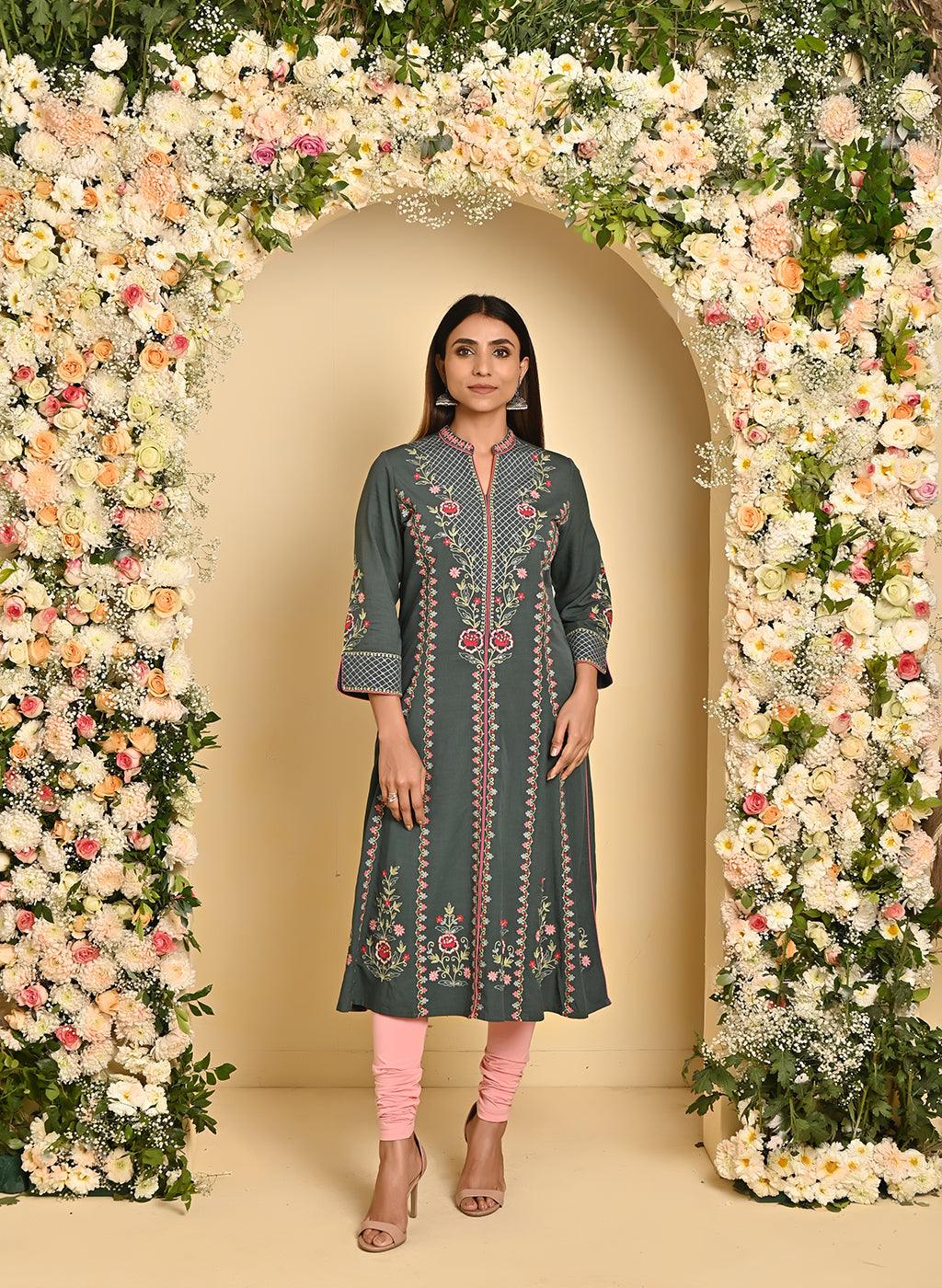 Bird Green Long Kurta with All over work and Mandarin Collar