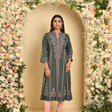 Bird Green Long Kurta with All-over work and Mandarin Collar - Lakshita