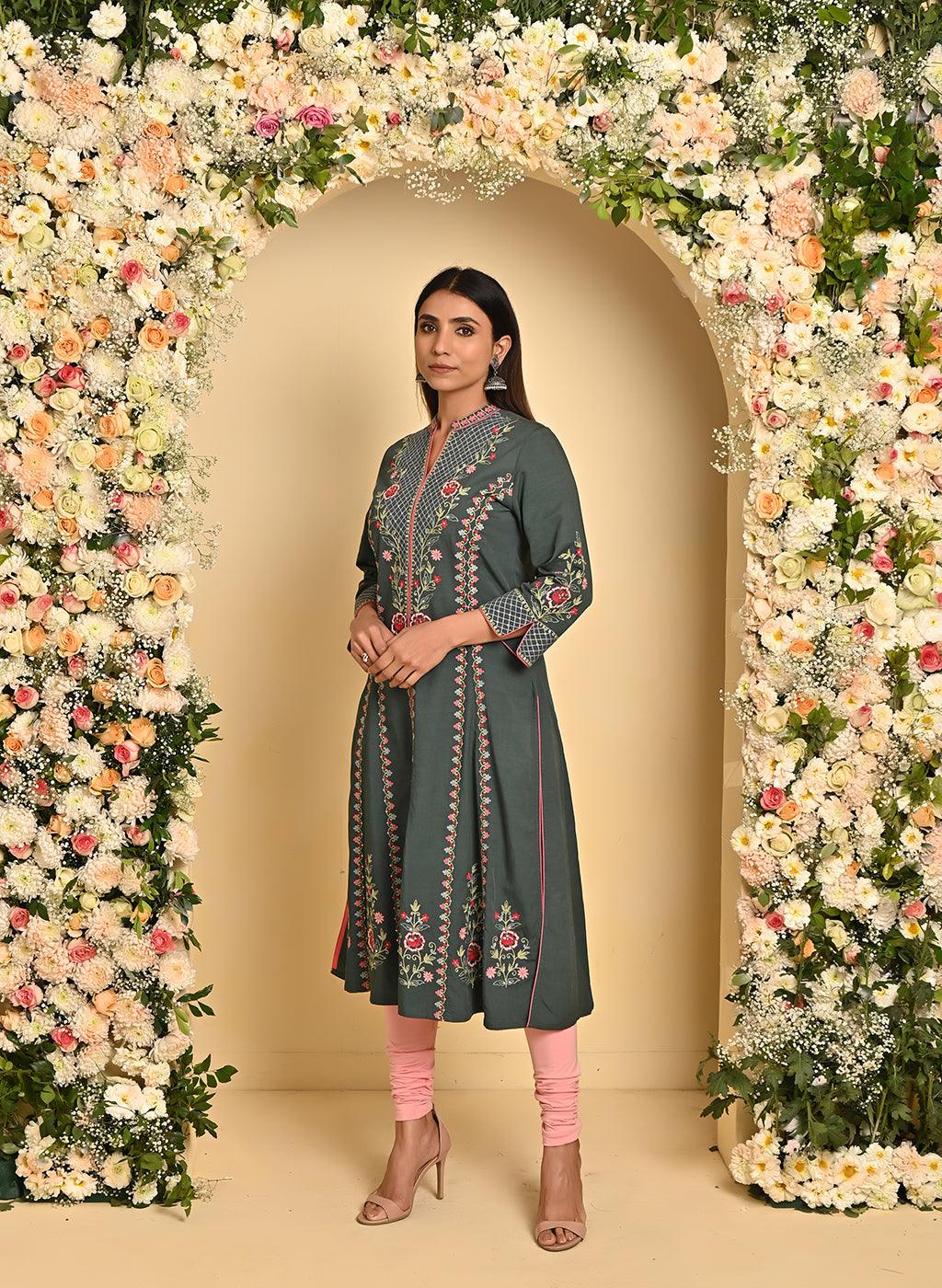 Bird Green Long Kurta with All-over work and Mandarin Collar - Lakshita