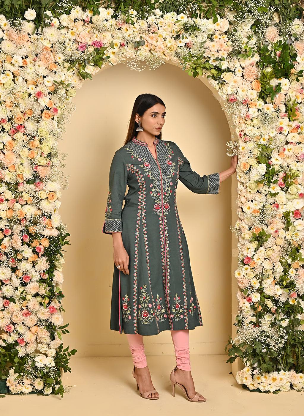 Bird Green Long Kurta with All-over work and Mandarin Collar - Lakshita