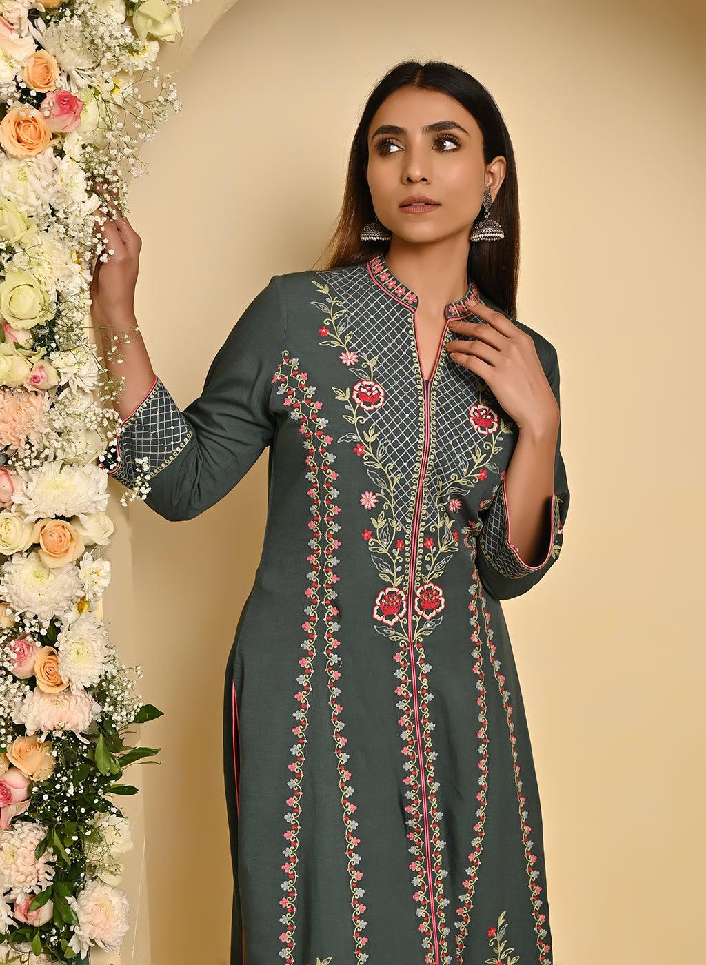 Bird Green Long Kurta with All-over work and Mandarin Collar - Lakshita