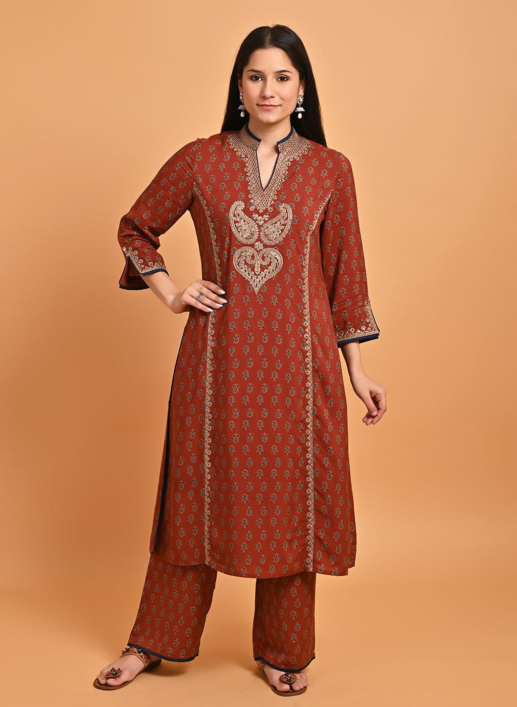 Rust Printed Kurta Set with Paisley Sequins Work - Lakshita